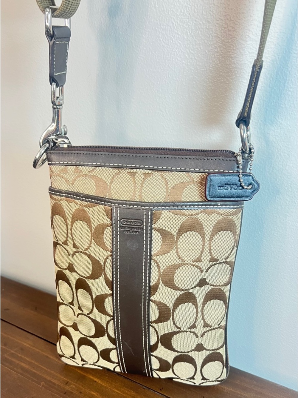 Coach Signature Stripe Swingpack Crossbody Bag.